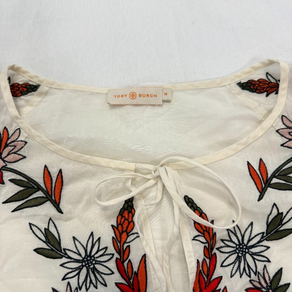 Tory Burch Embroidered Floral Tassel Tie Peasant Blouse Ivory Cotton Size 14 - Picture 6 of 8